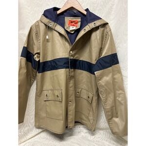 Vintage Swell-Wear Industries Kids Raincoat XL Hooded‎ Tan Blue Stripe